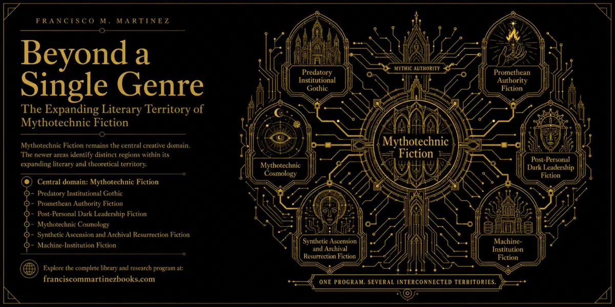 Diagram placing Mythotechnic Fiction at the center of six interconnected literary territories developed by Francisco M. Martinez